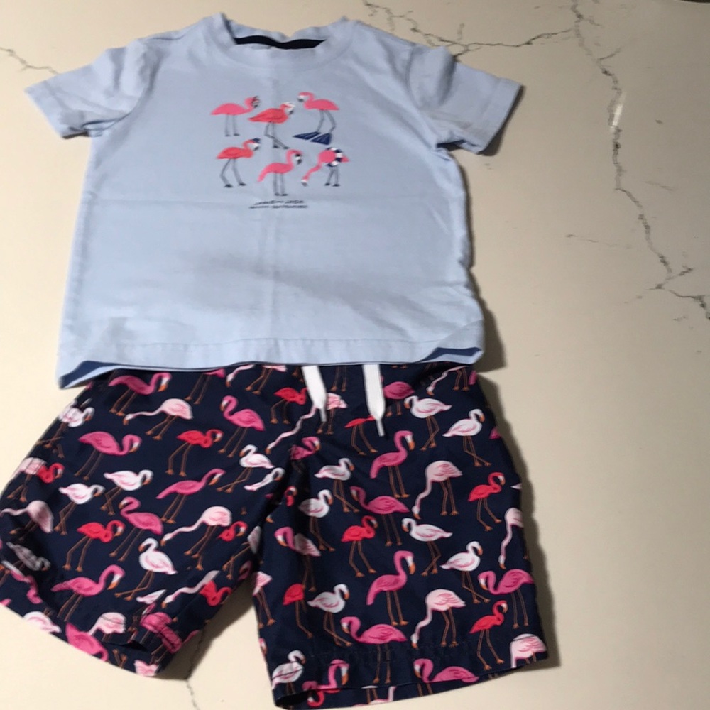 Janie & Jack Flamingo swim trunks & T-shirt